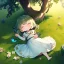 Placeholder: tiny anime girl sleeping in the distance, laying down in a field of flowers, underneath a willow tree, with a butterfly on her nose, hand detail looks human