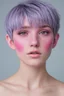 Placeholder: A young woman with pink skin, purple eyes, lavender hair in a pixie cut with pink freckles.