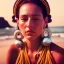 Placeholder: hyper realistic photograph, portrait of a beautiful happy southamerican woman, big silver earings, tied hair, summer :: film grain, Kodak portra 800, f1.8, golden hour --ar 2:3 --beta --upbeta