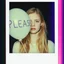 Placeholder: a young sad woman who looks like blond Elle Fanning, holding a balloon where is it written "PLEASE", surreal, liminal atmosphere, polaroid