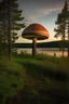 Placeholder: forest trail, very big tall round mushroom, dusk beside a lake