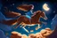 Placeholder: a long, brown-haired girl rides a horse dynamically across the night sky, leaping over a pile of different cookies. Shining moon, in starshine