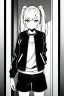 Placeholder: blonde girl with ponytails dressed in a jacket and shorts walks proudly in a corridor, greyscale