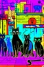 Placeholder: Black cat in the cen ttre, two teenage bopys and one punk girl with the cat. Street art style, gark colours, small town street with a crowd in background, Kandinsky style, Baginski stytle