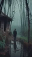 Placeholder: A swamp surrounded by bamboos long trees in cloudy, depressing, foggy, with a dim of light in the distance , there.is an abandoned old house covered with leaves. A back view close look at very tall skinny man in black turn his head to you with open eyes and mouth