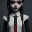 Placeholder: Jenna ortega with wednesday addams dress,soft goth libstick, wednesday addams make up, overknee socks, dramatic lighting, highly detailed oil painting, volumetric lighting