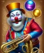 Placeholder: mechanoid happy old friendly fat clown with trimmed beard playing jazz with a steampunk theme, trumpet, realistic