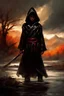 Placeholder: A formidable warrior-a 10-year-old boy in a black robe with a hood, on the background Amazing gloomy landscape, flooded with sunset, mountains, trees, fabulous scary hero, , juicy emotions, painting, dark fantasy, bad weather, gloomy day, dark world, by Raymond Swanland & Anna Razumovskaya