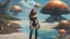 Placeholder: A Long-Haired Woman In A Robotic-Looking Catsuit Standing On A Beach, With Flying Mushrooms with Jellyfish Tentacles, a crashed Spaceship lying in the water, and a Forest in the distance, photorealistic