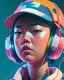 Placeholder: portrait d'une jeune femme de type asiatique. Elle porte un casque audio sur ses oreilles et une casquette avec une visière translucide colorée. Elle suce une sucette. Elle semble rebelle et fronce les sourcils. L'image est dynamique. Illustration type digital 2D très détaillée. HD, 8K.