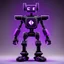 Placeholder: black and purple neon geometric bipedal robot with no arms that has a plus sign symbol for the 'eye' in a black monochrome world