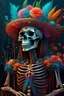 Placeholder: a painting of a skeleton wearing a colorful headdress, inspired by Ron English, behance contest winner, stunning digital painting, flower shaman, full body!! maximalist details, contest winner 2021, jim warren, details and vivid colors