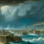 Placeholder: A palish light blue dystopian Roman city in a storm painted by Leonardo da Vinci
