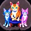 Placeholder: A cat with blue eyes is sitting on an armchair and next to her are three sweet and beautiful kittens against a black background and they are all looking at the camera, computer graphics by Louis Wayne, Behans, psychedelic art, quantum wave racing, psychedelic, mystical