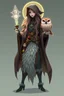Placeholder: good low poly merman thief priest with long fur all over her entire body and bright aura and a nerd magical wizard fish owl