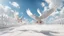 Placeholder: Hyper Realistic white pigeons flying on white marble floor & white-marble-fence with beautiful day time blue-sky & some-clouds with dramatic & cinematic ambiance.