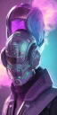 Placeholder: purple galaxy masked super villain, weapons in hands, teal and purple smoke, full portrait, hyper realistic, 4k