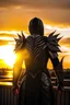 Placeholder: Vampire, silver knight armor, helmet, demonic wings, black edging, standing on a rooftop facing away with a sunset in the background