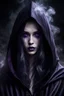 Placeholder: portrait a dark fairy with a pale face, long dark hair, in a dark purple shiny black hooded cloak, suggestive dark deep gaze, impressive, perfect, cold beauty, dark, sad, gothic mood, atmospheric, smoke, high detalied, high realistic, photorealistic