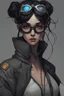 Placeholder: Cyberpunk black haired female netrunner with goggles