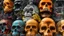 Placeholder: a picture of a dark, comedic, anatomically correct wall of colorful tightly packed skulls of varying sizes and expressions, photo realistic, insanely meticulous, highly detailed, part of a collection of bones on display, 64k, dystopian, vray