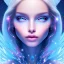 Placeholder: Face Angel crystalline,blond hair, blue eye ,pink , cosmic, opalescent, gemstones, crystals, other worldly,water,bright, ice background, snow lake blue