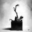 Placeholder: by Stephen Gammell and Gabriel Pacheco, Matte oil painting, Metaphorical depiction of Claustrophobia, ominous humanoid long limbed gaunt creature contorted into a small box, surreal, dramatic, sinister, profound