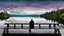 Placeholder: back to the camera on a beautiful amorph bench a figure sittings in a beautiful landscape and overlooking the water of the nearby lake, calm, harmonious atmosphere, muted dark colors, purple, white, gray, green, blue, brown, silver, and pale colors, ,not too colorful colors, Whimsical style and giant stunning neuron network all over the sky, half shadow and half light picture, surreal stunning vibe