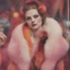 Placeholder: A woman in fur, at the circus, red, orange, pink