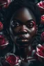 Placeholder: portrait, 1 ebony female surrounded by rose flowers, sharp focus, bright lighting, hyper realism, octane render, 8k, hyper detailed, photorealistic, ultra realistic, volumetric lighting, black background