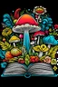 Placeholder: The cover of the “ mushroom” book is a lively and colorful cover that includes friendly characters Hibiscus mushroom , Coloring page for baby kids, cute flowers lines, feathers, clean line art, fine line art, black background