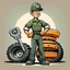 Placeholder: retro cartoon company mascot of a vehicle mechanic with a hint of forest ranger, holding a torque-wrench and next to a stack of tires