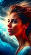Placeholder: A beautiful eyes of a girl smiling? with a long earring above swirling clouds, emerges from the heart of a raging storm. Turbulent winds of steam swirl around the louds lit by shafts of sunlight that cast dramatic shadows on the A beautiful woman High quality 16k cinematic scene and great photography