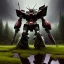 Placeholder: hyperrealistic shot, rusting and moss covered giant gundam, earth color palette, sharp focus, puddle reflection, tire water splash, refraction, rain and lightning on the horizon, shadowcast, detailed and intricate, cinematic composition, tilt shift photography