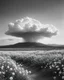 Placeholder: ULTRA REALISTIC, B&W Photograph, Atomic cloud made of WHITE FLOWERS, in the distance in the desert, at Golden Hour, cinematic, cinematic shot, dynamic composition, details, intricate detail, professional lighting, film lighting, 35mm, anamorphic, lightroom, cinematography, bokeh, lens flare, film grain, hdr10, 8k, Roger Deakins, incredibly detailed, reflect, sharpen