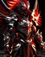 Placeholder: Silver metallic red and gold male fantasy demon armour, with a red cape, with black and red spikes coming out the back and arms, glowing red eyes, long red hair pony tail coming out the helmet and the helmet covering the face entirely, two large angel wings out of the back