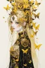 Placeholder: style of Yoshitaka Amano ~ Butterfly Empress, long huge flowing gold hair, yellow eyes. dressed in a cosmic gold plated Armor made of gold butterflies. standing in a room made of butterflies. surrealist. Shades of luminous black and yellow piercing shadow, reminiscent of Beuys and Qian Xuan.