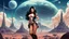 Placeholder: exotic sci-fi pin-up girl, with long dark hair, on an alien planet with cloud trees, tall spires and buildings