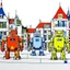 Placeholder: A small city with robots painted by Piet Mondrian