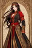 Placeholder: woman with long brown hair and red eyes, medieval concubine, anime style, highly detailed, intricate background, red and black clothes, confident, arrogant