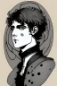 Placeholder: Black haired blue eyed freckled young male warlock in the style of aubrey beardsley