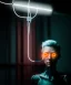 Placeholder: Ultra realistic photographic night portrait, cinematic, <blonde woman> <hanging wires> many wires coming out of the head <perfect pupil> <cyborg arm> <garage> <wide angle Shot> <sci-fi futuristic> <thriller>, neon lights, color fog, soft color, highly detailed, unreal engine 5, ray tracing, RTX, lumen lighting, ultra detail, volumetric lighting, high definition.