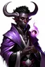 Placeholder: En Young male black skin black hair tiefling Wizard with large horns glowing Purple symbols Everywhere on his body. He's wearing silver and White Rope and a silver cloak. His horn a perfectly place on acet from the front to the back pointing upwards with glowing Red cat Eyes. His close is elegant get simple. Casting and ice spell