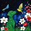 Placeholder: tomoko takeda style, pointillism, maori art, african art, green Dog, blue cat, yellow bird, dragonfly showcasing a variety of colors and patterns on its wings. abstract art. The backdrop is a dark, starry sky, blue light, surrounded by a dreamy blend of big whith and ans red flowers, geen grass like tree. Surrealism. The overall composition creates a magical and serene atmosphere,