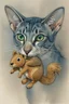 Placeholder: close up portrait of a airbrushed watercolor 26 chalk, a oriental shorthair blue and white tabby cat, with white face and vivid green eyes, playing with a brown and tan stuffed toy squirrel. He has it in his mouth. the background is soft tones of gray and beige.