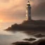 Placeholder: franz frazetta style, old lighthouse, sea in the distance, sunset, heavy clouds