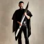 Placeholder: a young man wearing leather pants, a poncho with a bowl cut and light facial hair, full body shot, holding 2 daggers with a smile