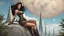 Placeholder: exotic sci-fi pin-up girl, with long dark hair, on an alien planet with cloud trees, tall spires and buildings