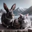 Placeholder: family portrait of 1 grey rabbit, 1 black and grey rabbit, one very old red-headed sleepy cat, winter mountain background,