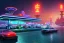 Placeholder: eine tankstelle auf einer plattform schwimmend mitten im wasser umgeben von schiffen, digital part,centered, detailed, 8k, shining, heaven, dampf, cyberpunk art, neon lights, neon signs, night, stars, stadion lichter, wide angle,